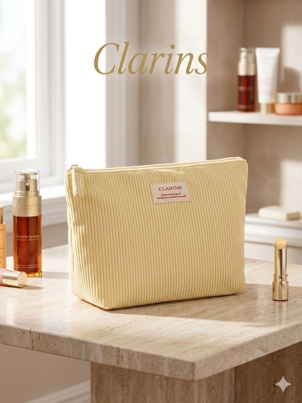 Clarins Corduroy Zippered Cosmetic Pouch in original plastic